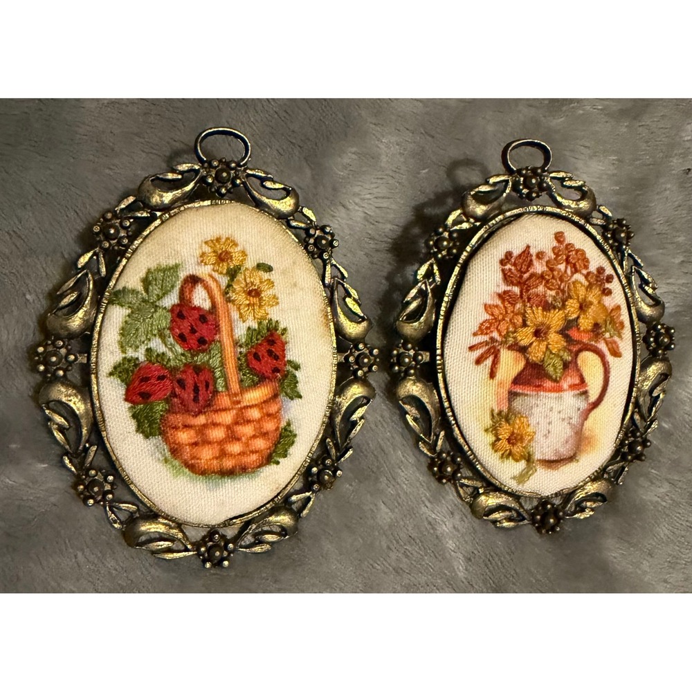 Vintage Crewel Embroidery Miniature Wall Art Set Floral Strawberry Gold Frames